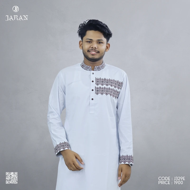 Elegant White Panjabi with Maroon Embroidery – J329E