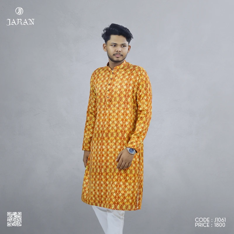 Festive Mustard & Maroon Printed Panjabi – J1062