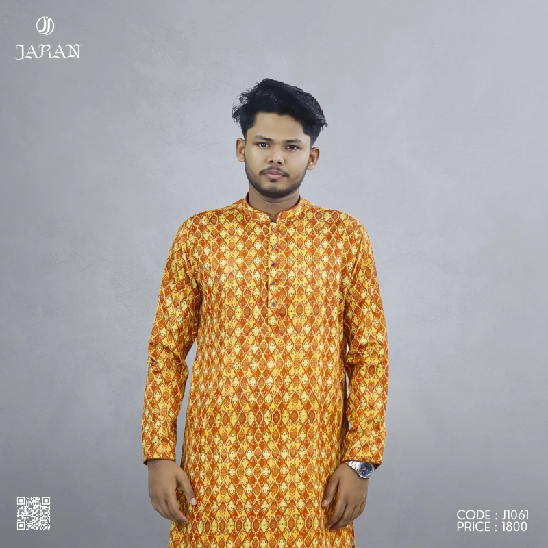 Festive Mustard & Maroon Printed Panjabi – J1062