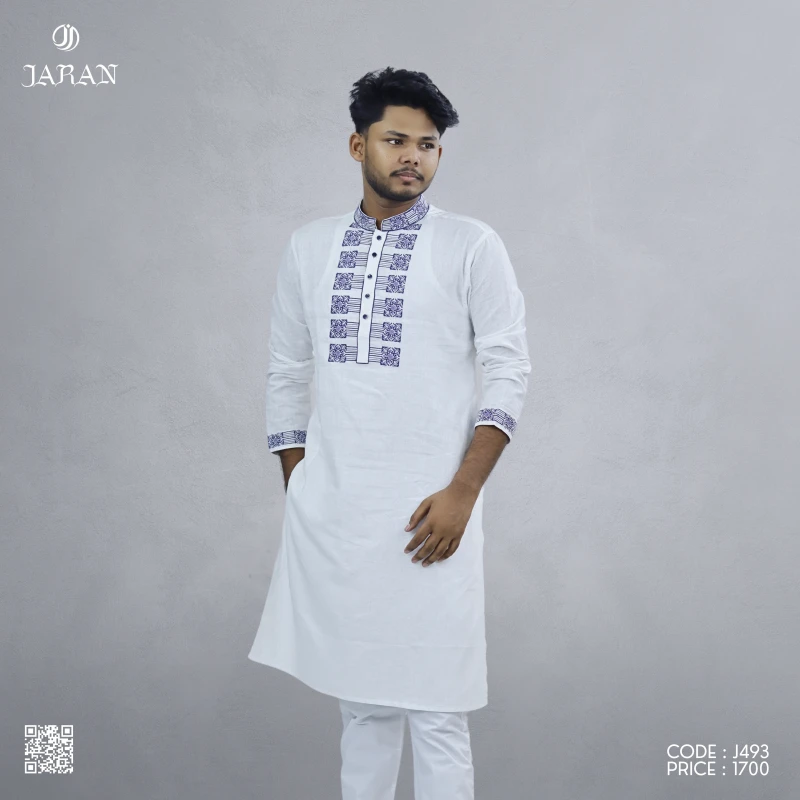 White Panjabi with Navy Blue Embroidery – J493