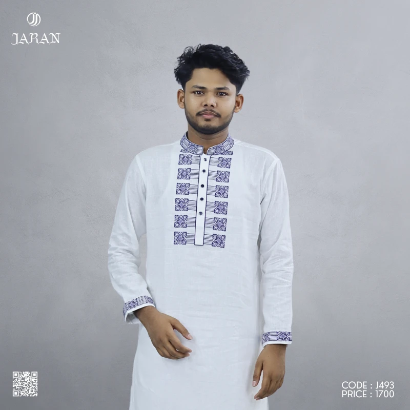 White Panjabi with Navy Blue Embroidery – J493