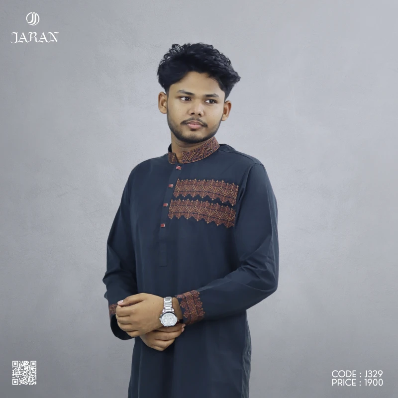 Deep Black Panjabi with Rust Embroidery – J329