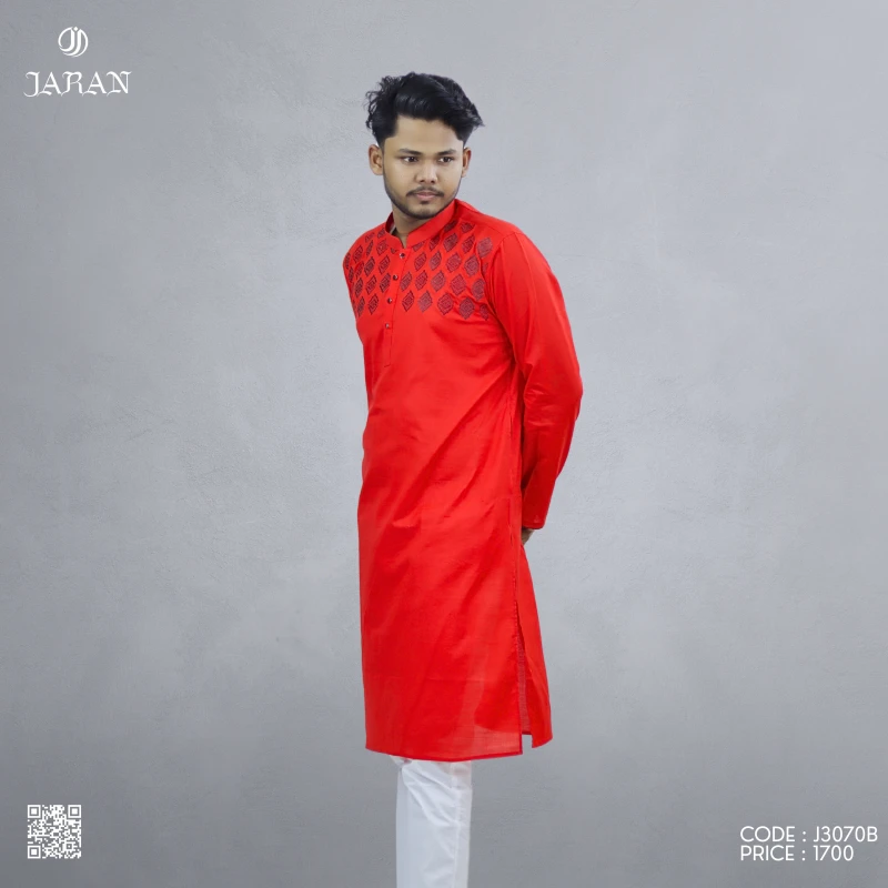 Flame Red Panjabi with Bold Black Embroidery – J3070B