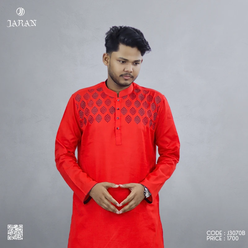Flame Red Panjabi with Bold Black Embroidery – J3070B