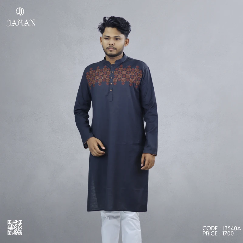 Charcoal Black Panjabi with Tribal Chest Embroidery – J3540A