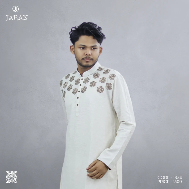 Ivory White Panjabi with Classic Motif Embroidery – J354