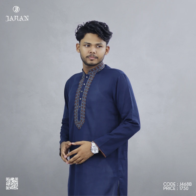 Elegant Navy Blue Panjabi with Ornate Embroidered Placket – J468B