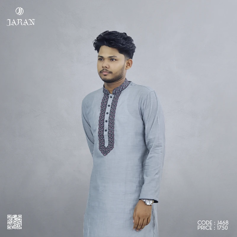 Light Grey Panjabi with Detailed Embroidered Placket – J468