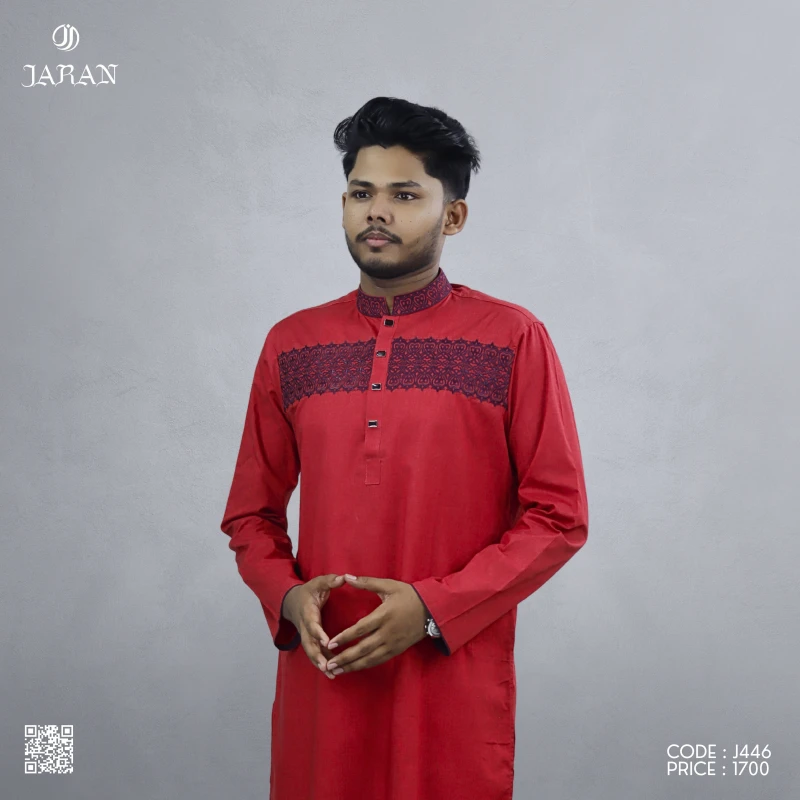 Classic Red Panjabi with Regal Embroidery – J446