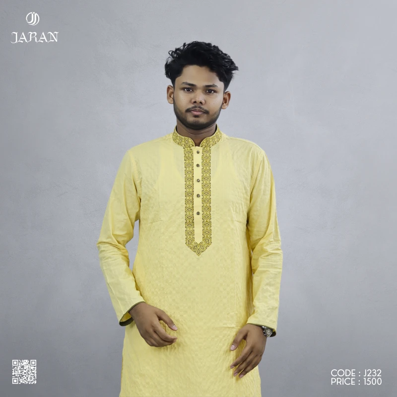 Sunshine Yellow Panjabi with Intricate Golden Detailing – J232