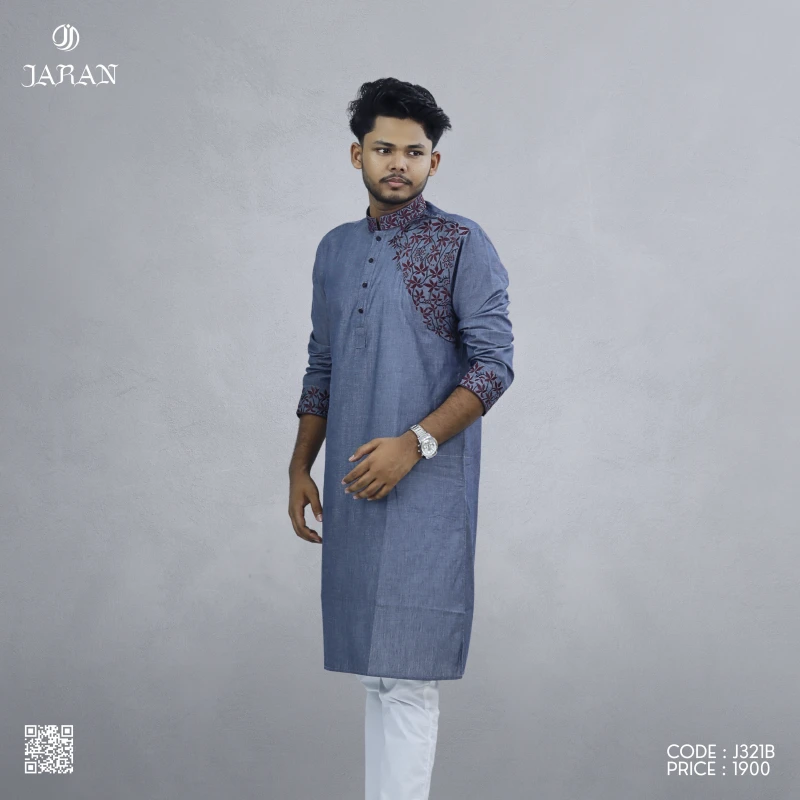 Denim Blue Panjabi with Maroon Leaf Embroidery – J321B