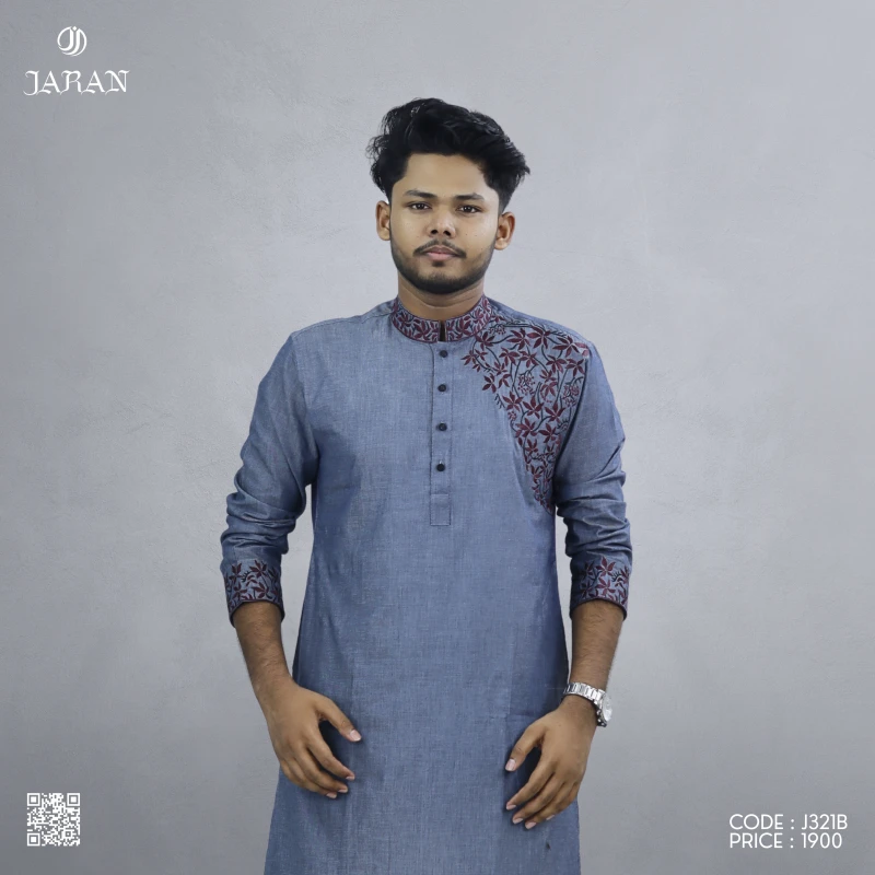 Denim Blue Panjabi with Maroon Leaf Embroidery – J321B