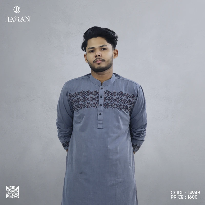 Slate Grey Panjabi with Intricate Chest Embroidery – J494B