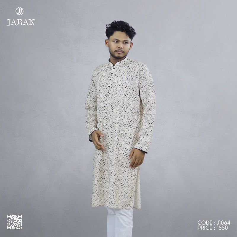 Minimalist Beige Printed Panjabi – J1064