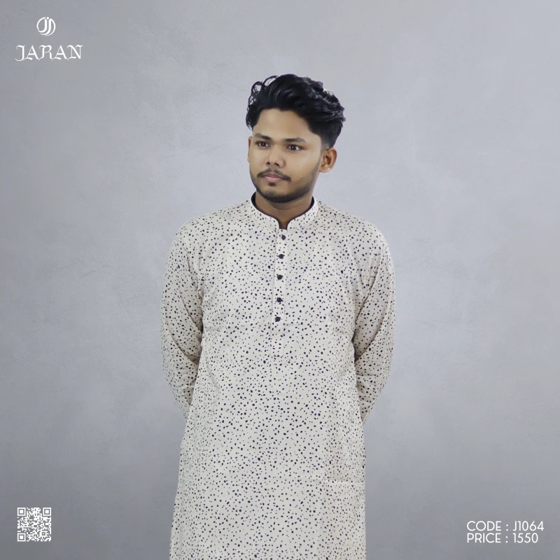 Minimalist Beige Printed Panjabi – J1064