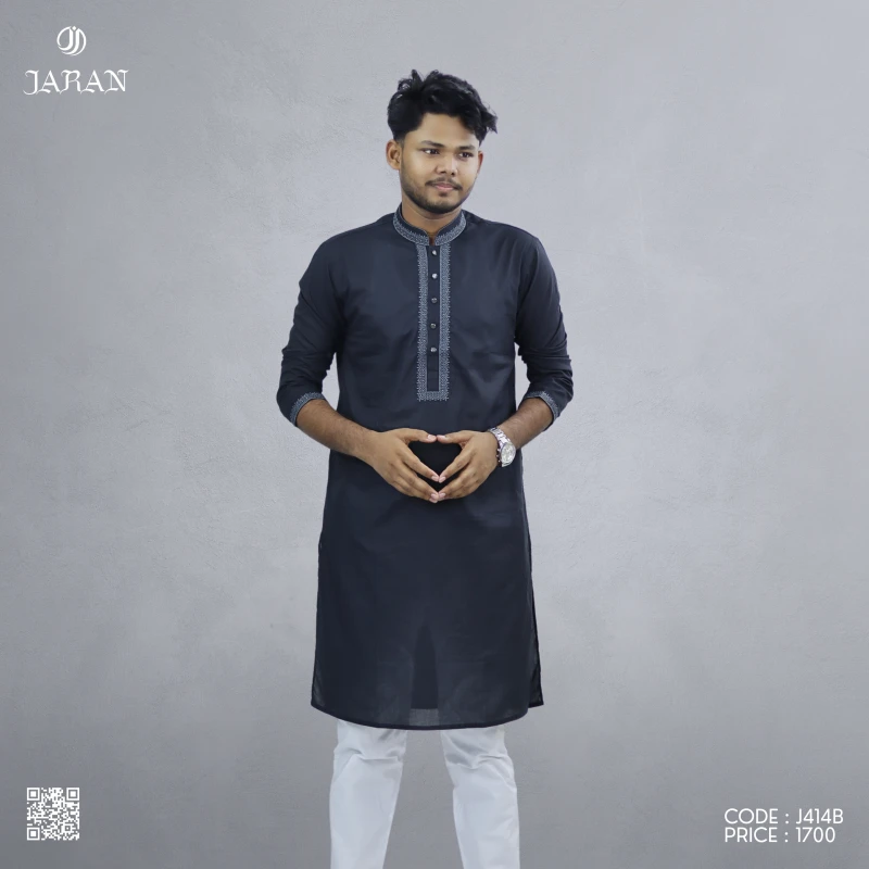 Black Panjabi with Grey Contrast Embroidery – J414B