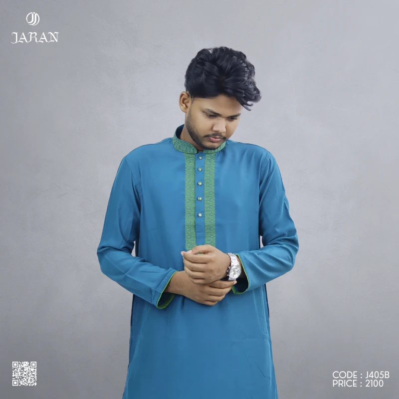 Teal Blue Panjabi with Green Embroidery – J405B