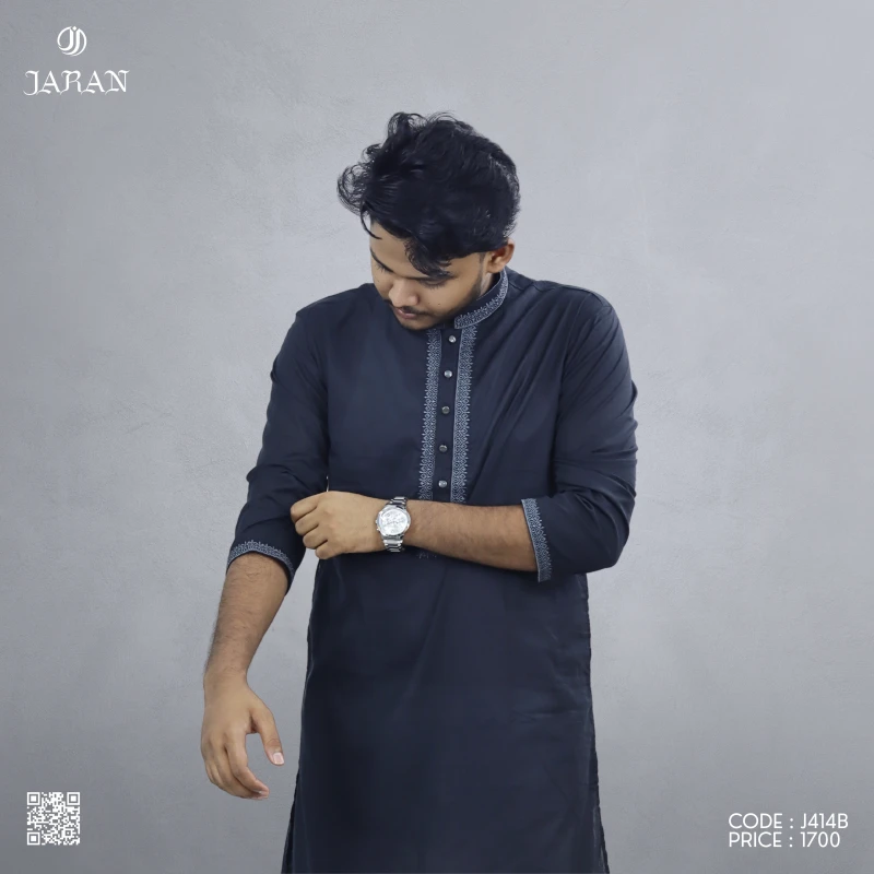 Black Panjabi with Grey Contrast Embroidery – J414B