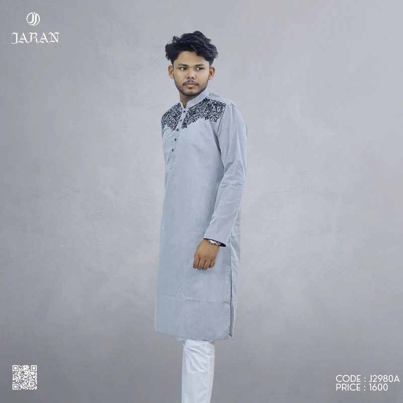 Mist Grey Panjabi with Classic Black Embroidery – J2980A