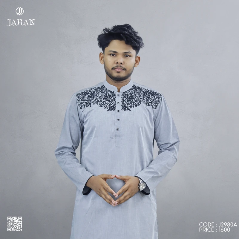 Mist Grey Panjabi with Classic Black Embroidery – J2980A