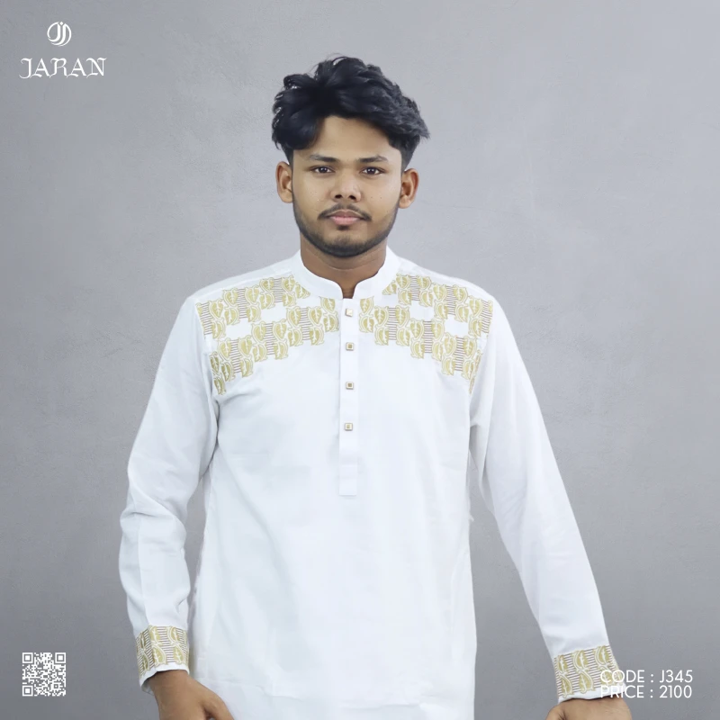 Classic White Embroidered Panjabi – J345A