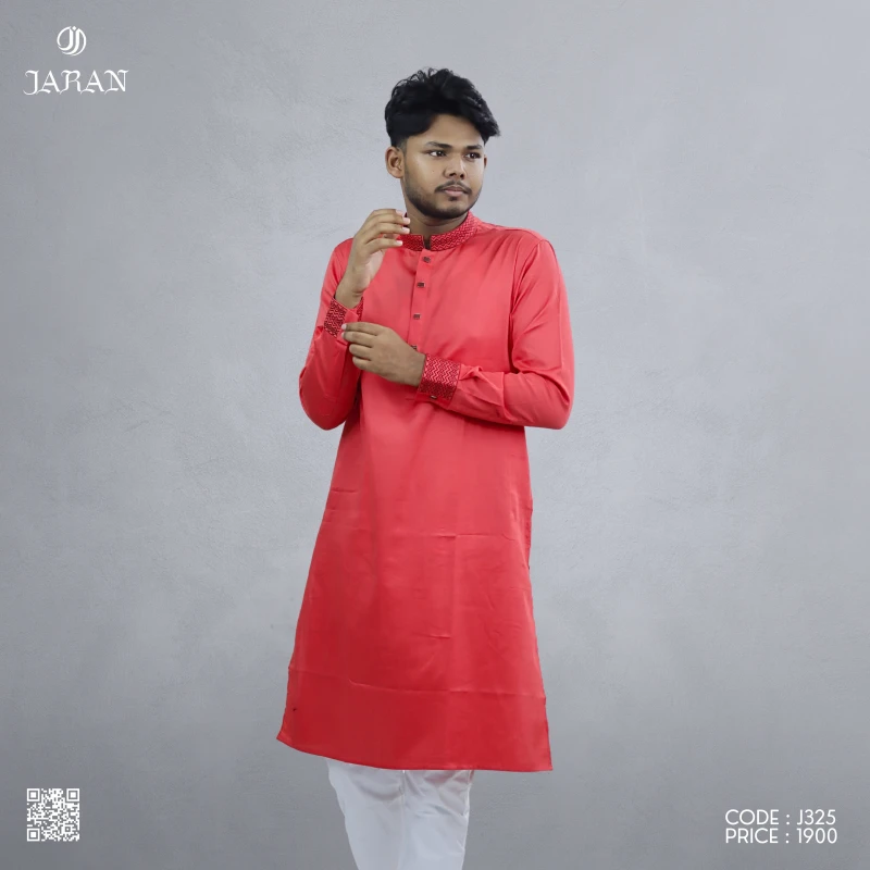 Coral Red Panjabi with Tonal Embroidery – J325