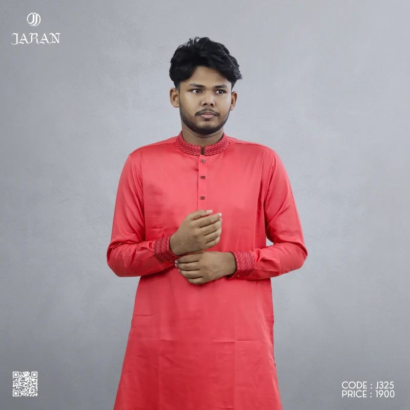 Coral Red Panjabi with Tonal Embroidery – J325