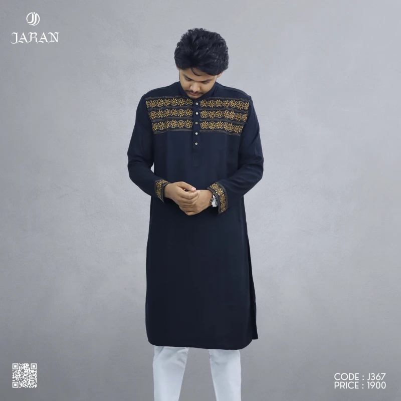 Black Panjabi with Horizontal Golden Embroidery – J367