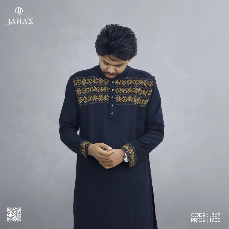 Black Panjabi with Horizontal Golden Embroidery – J367