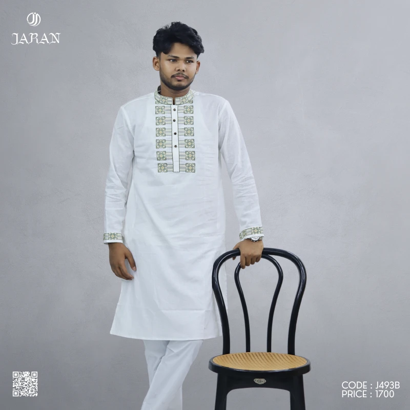White Panjabi with Green Embroidery – J493B