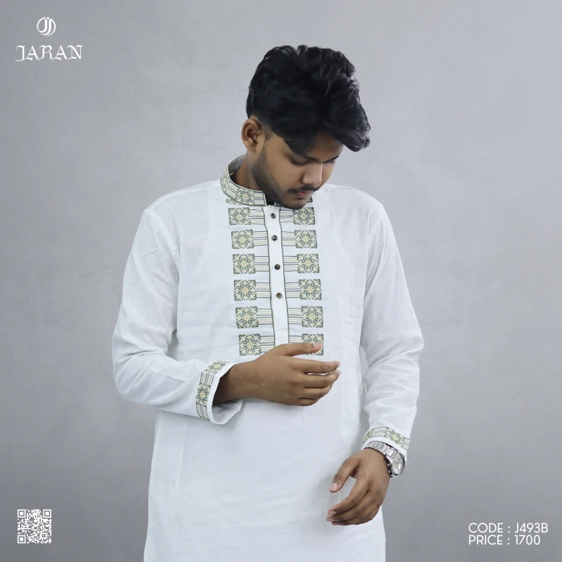White Panjabi with Green Embroidery – J493B
