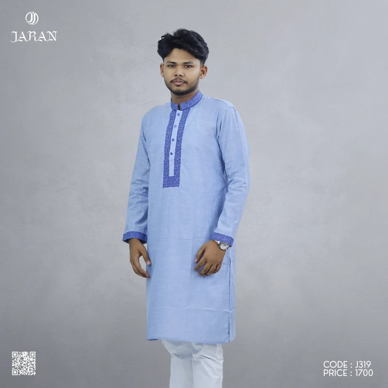 Sky Blue Panjabi with Royal Blue Embroidery – J319