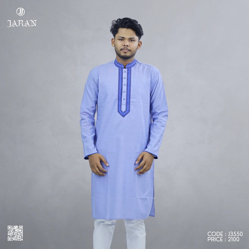 Light Blue Panjabi with Blue Embroidery – J3550