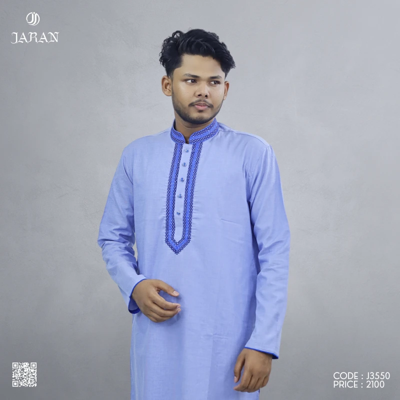 Light Blue Panjabi with Blue Embroidery – J3550