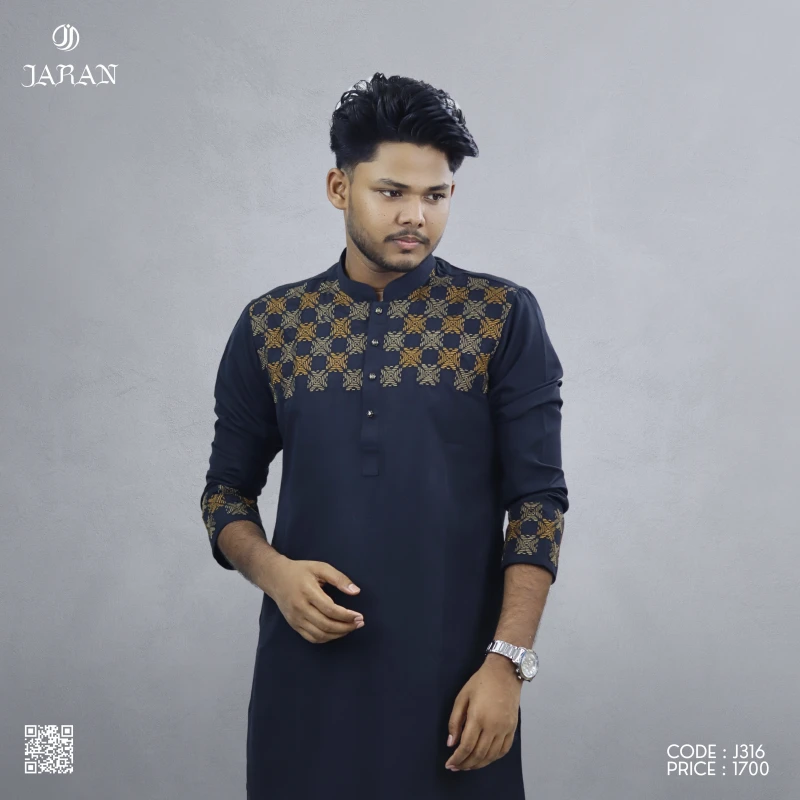 Black Panjabi with Golden Embroidery – J316