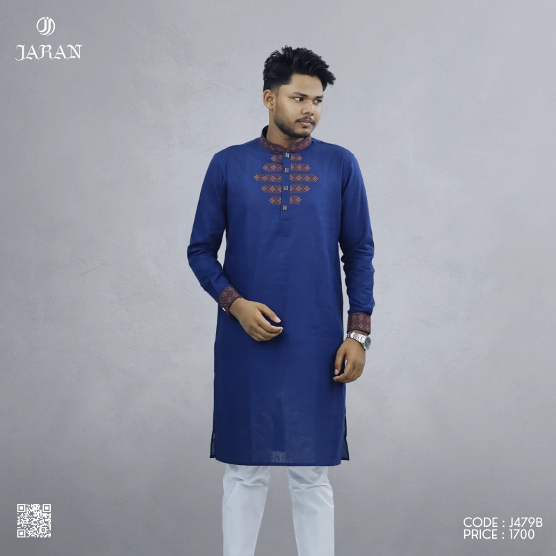Royal Blue Geometric Embroidered Panjabi – J479B