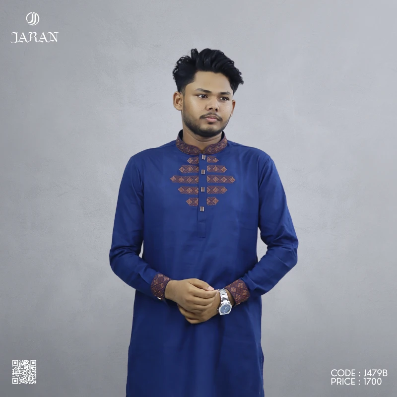 Royal Blue Geometric Embroidered Panjabi – J479B