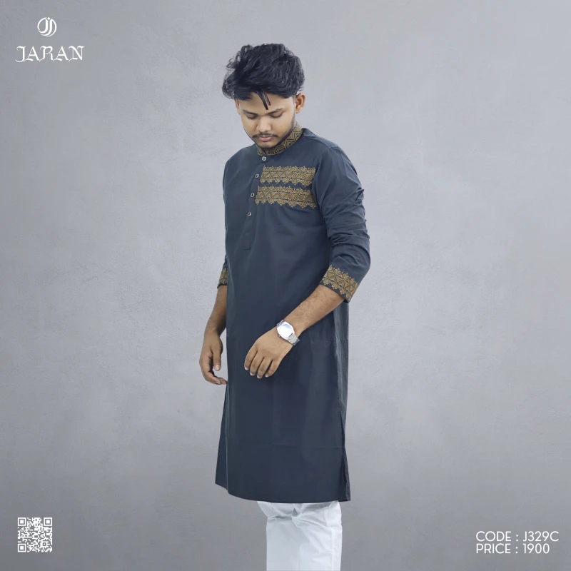 Classic Black Panjabi with Gold Thread Embroidery – J329C