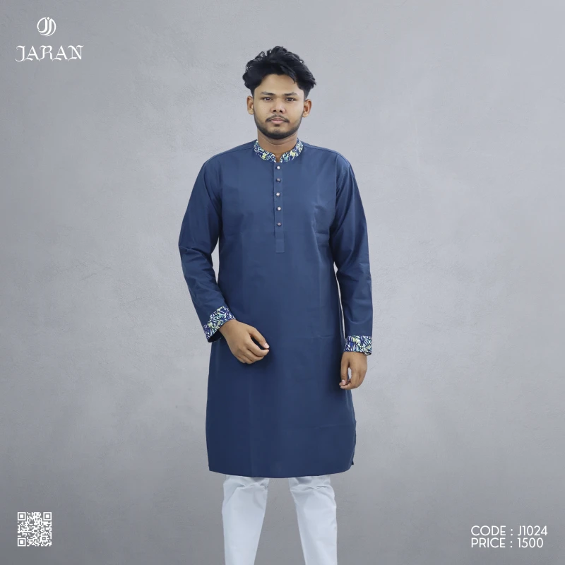 Navy Blue Panjabi with Printed Collar & Cuffs – J1024
