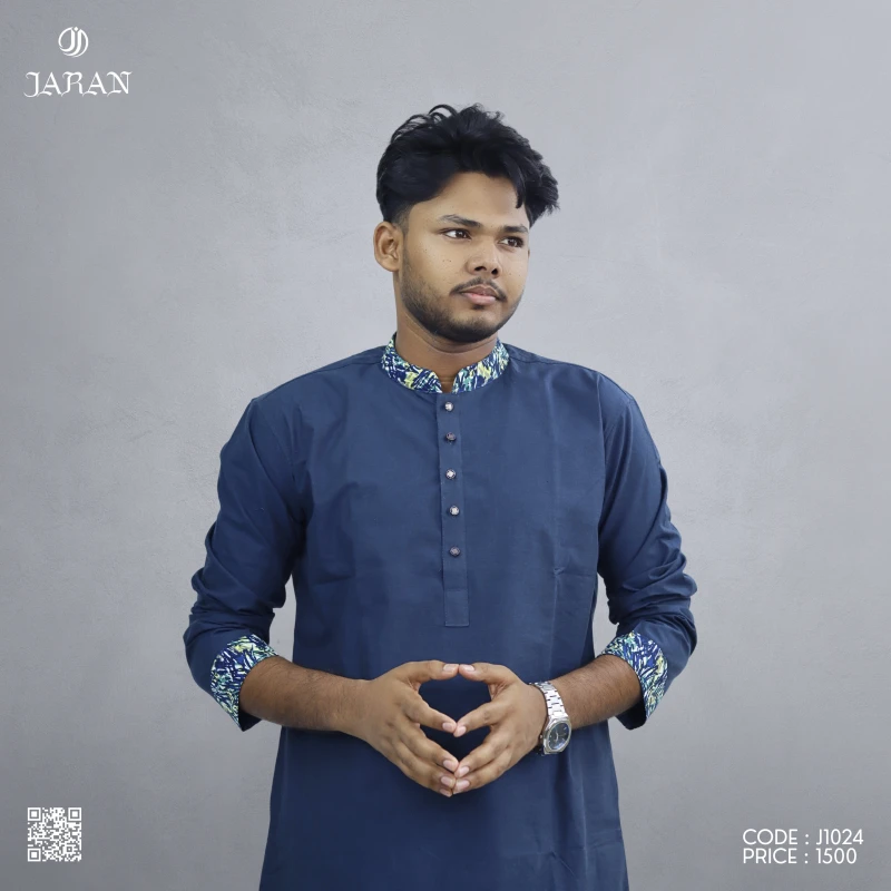 Navy Blue Panjabi with Printed Collar & Cuffs – J1024