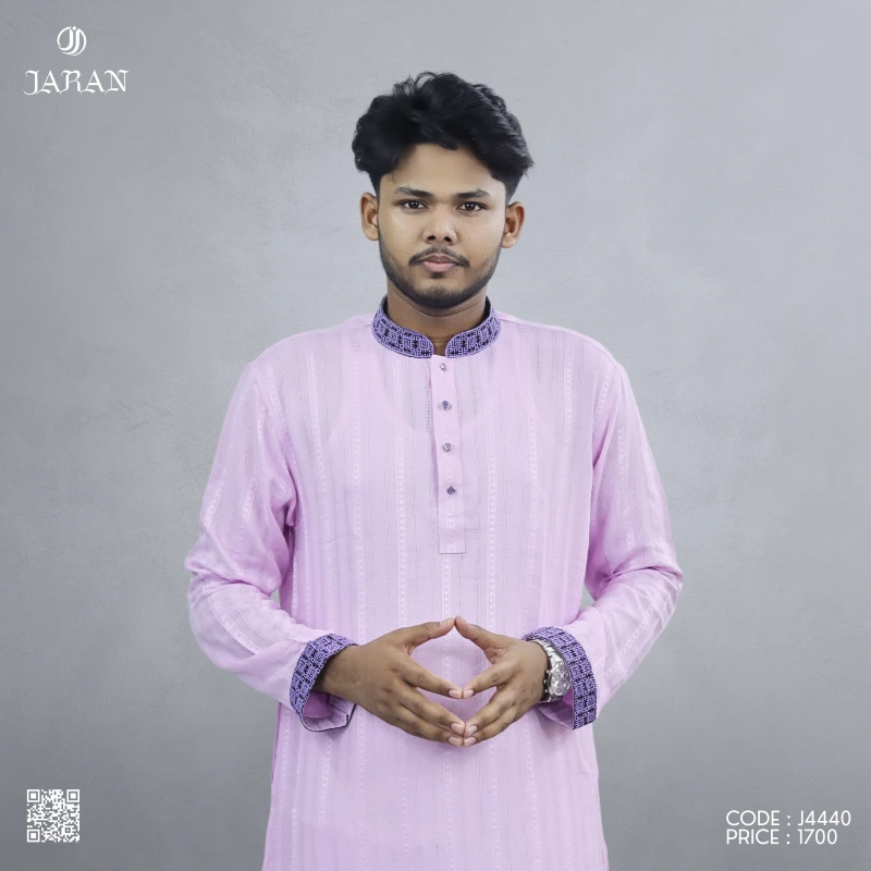 Light Pink Panjabi with Navy Patterned Collar & Cuffs – J4440