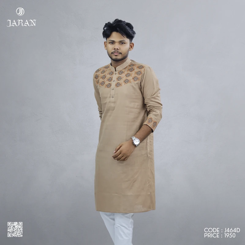 Beige Panjabi with Ethnic Chest Embroidery – J464D