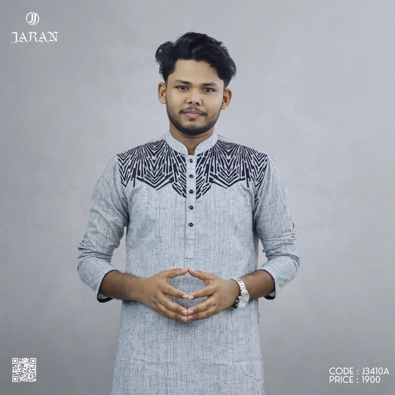 Grey Panjabi with Black Geometric Embroidery – J3410A