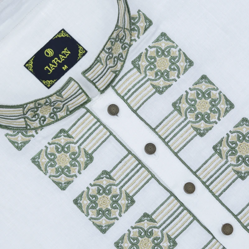 White Panjabi with Green Embroidery – J493B