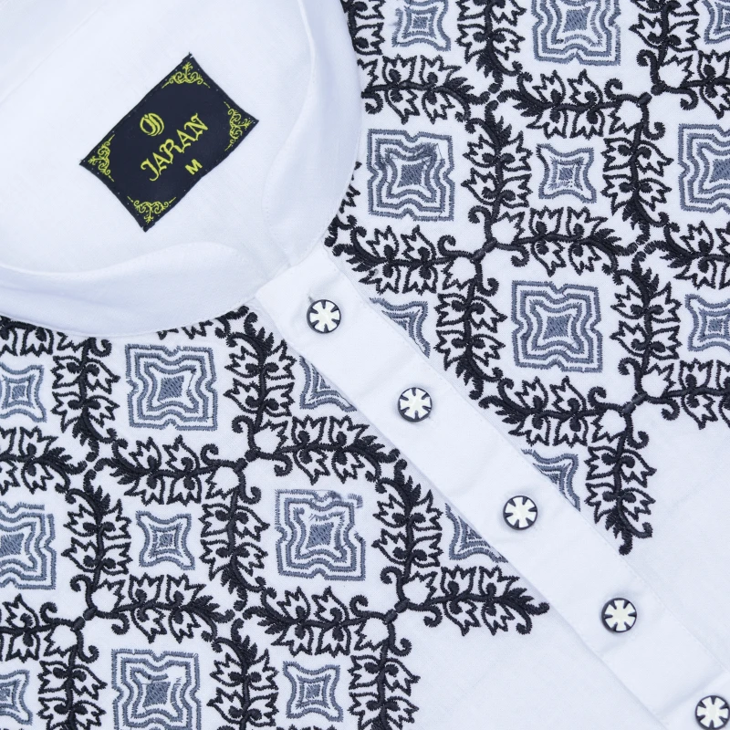 White and Black Patterned Embroidered Panjabi – J402