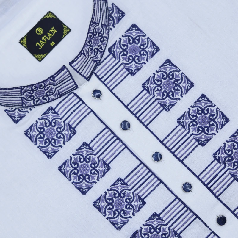 White Panjabi with Navy Blue Embroidery – J493