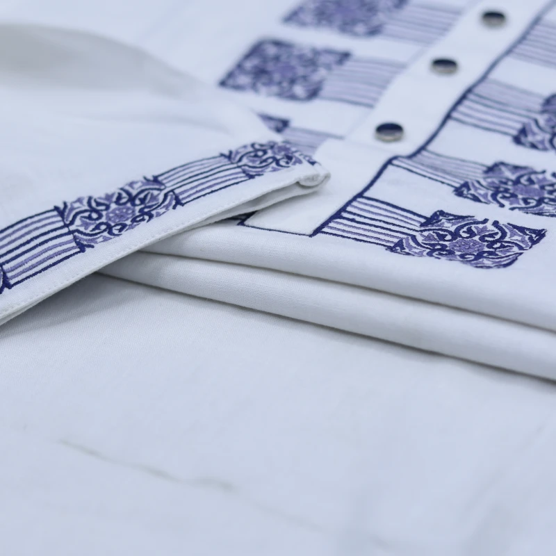 White Panjabi with Navy Blue Embroidery – J493
