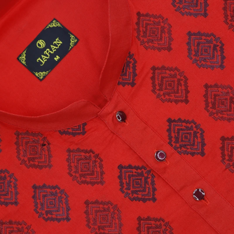 Flame Red Panjabi with Bold Black Embroidery – J3070B