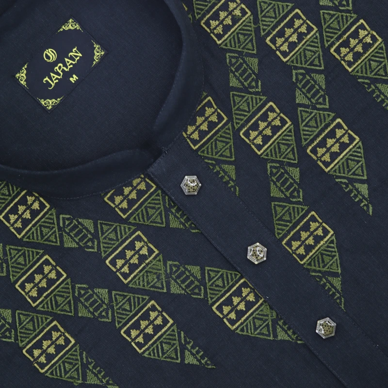 Black Panjabi with Olive Green Geometric Embroidery – J351A