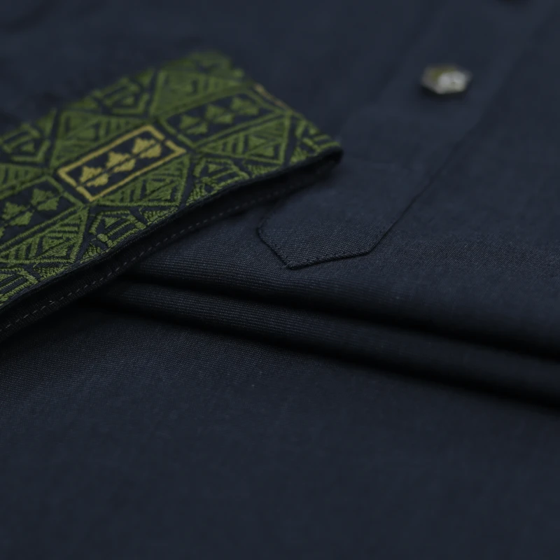 Black Panjabi with Olive Green Geometric Embroidery – J351A